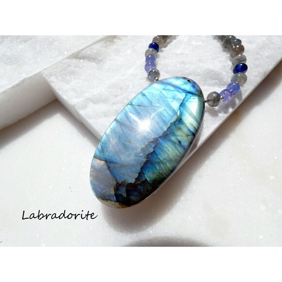 Spectrolite Labradorite Sapphire Tanzanite Sterling Silver Pendant Necklace - Picture 4 of 7